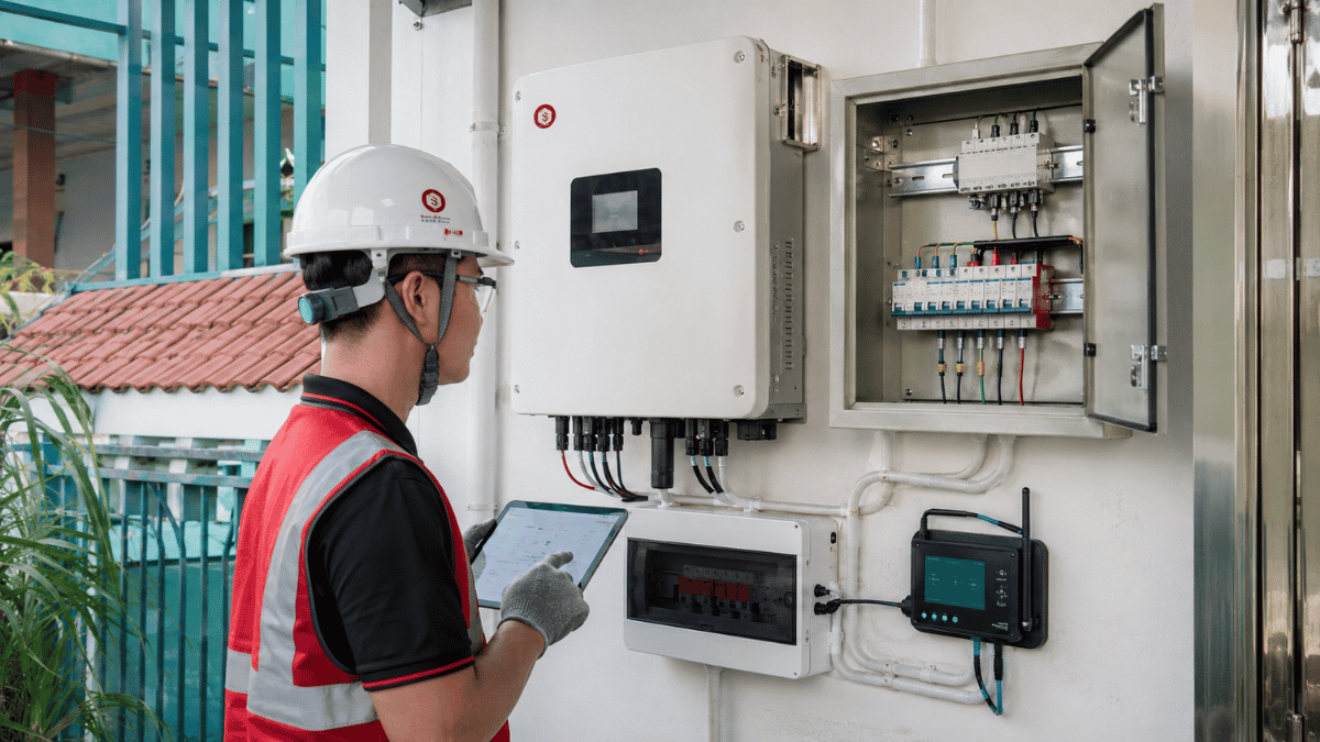 Kỹ thuật viên kiểm tra inverter và tủ điện mặt trời gia đình