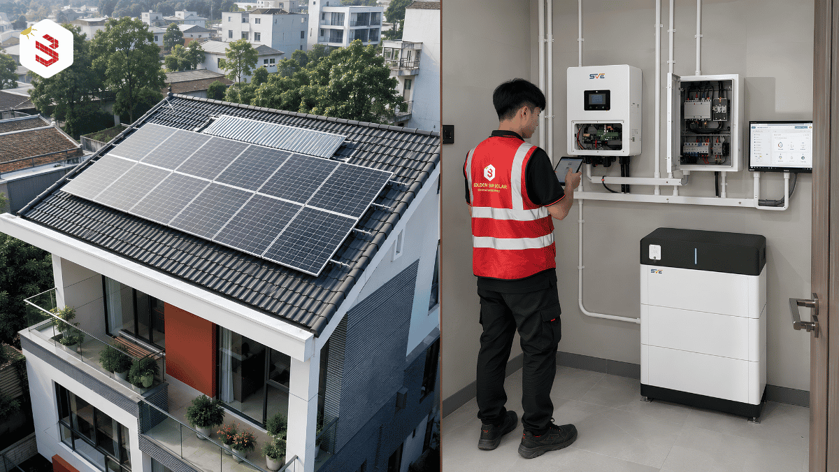 Hệ điện mặt trời Hybrid có inverter và pin lưu trữ cho nhà phố